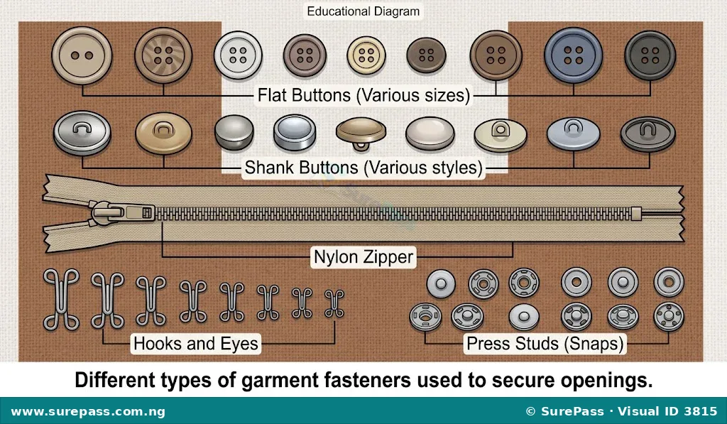 Common garment fasteners including buttons, zippers, hooks and eyes, and press studs.