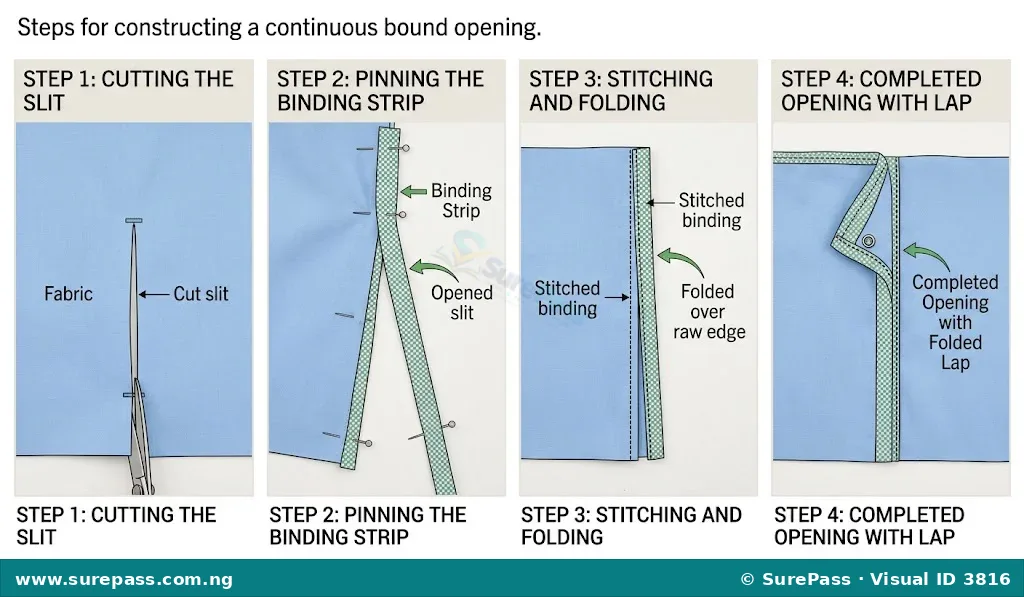 Step-by-step guide to sewing a continuous bound opening.