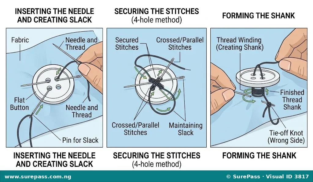 Diagram showing how to sew a button with a thread shank.