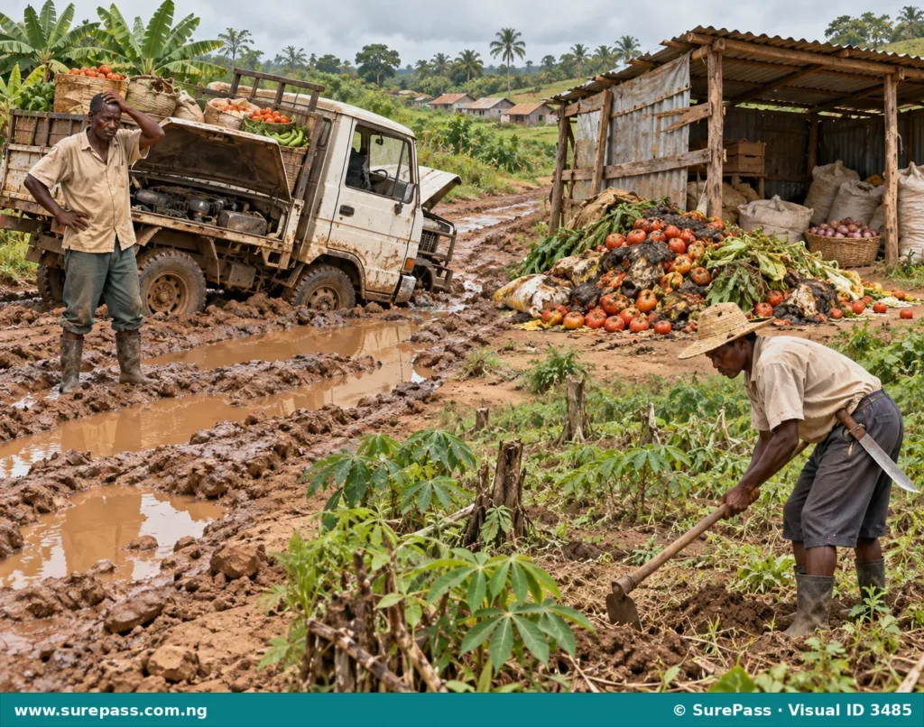 Illustration depicting challenges in agriculture, including a bad rural road, spoiled farm produce due to poor storage, and a farmer using outdated tools.