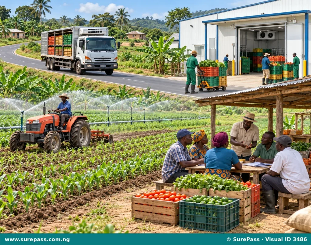 Illustration depicting solutions in agriculture, including a good rural road, a modern cold storage facility, a farmer using modern equipment, and farmers in a cooperative.