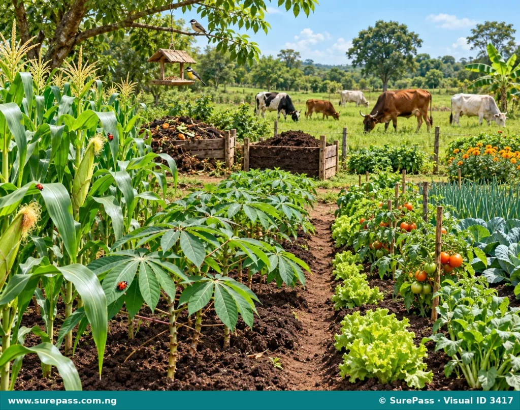 An illustration of an organic farm with healthy crops, grazing cattle, and signs of natural pest control, showing a balanced ecosystem.