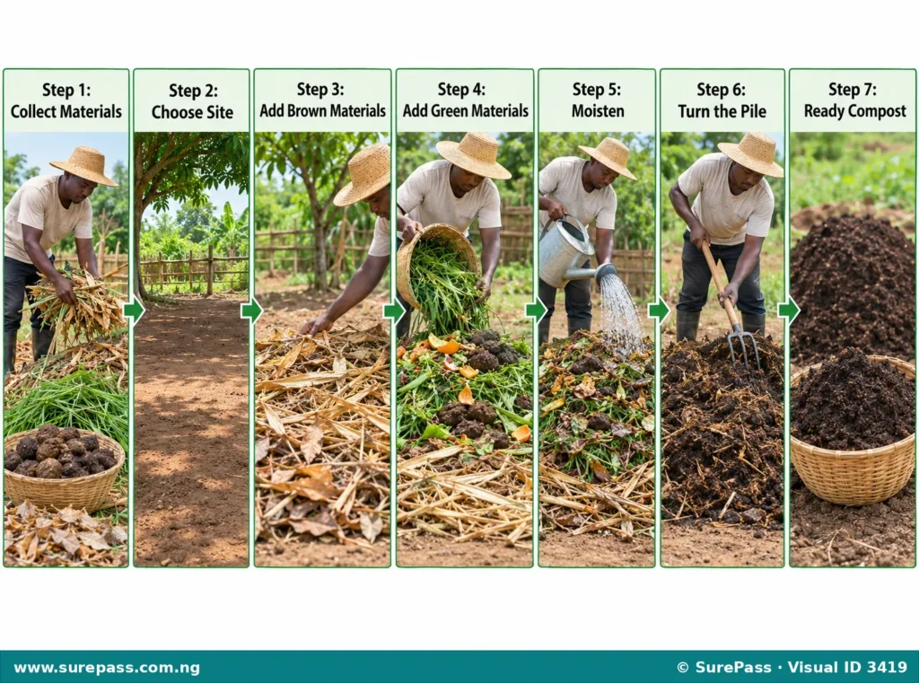 A seven-step diagram showing the process of making compost manure, from collecting materials to layering, moistening, turning, and finally harvesting the finished compost.