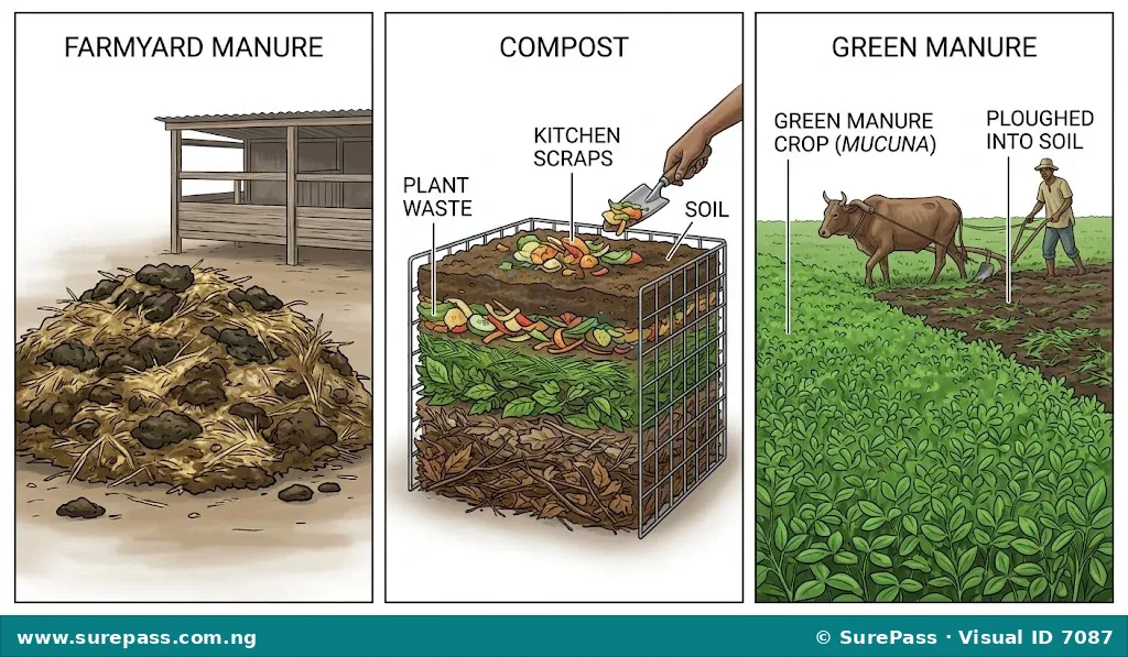 Three types of organic manure - farmyard manure (animal waste and straw), compost manure (layered plant and kitchen waste), and green manure (plants ploughed into soil).
