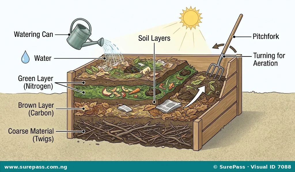 Diagram showing the layered construction of a compost heap with alternating brown and green organic materials, soil, water, and a pitchfork for turning.
