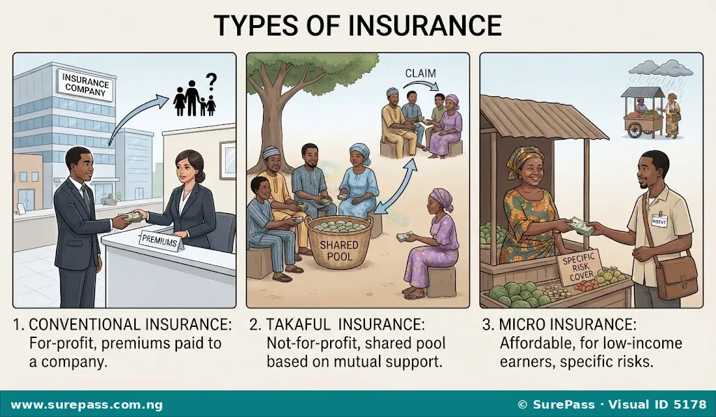 Illustration showing Conventional, Takaful, and Micro insurance types. Conventional shows a person with a formal company, Takaful shows people sharing a fund, and Micro shows a low-income person with small coverage.