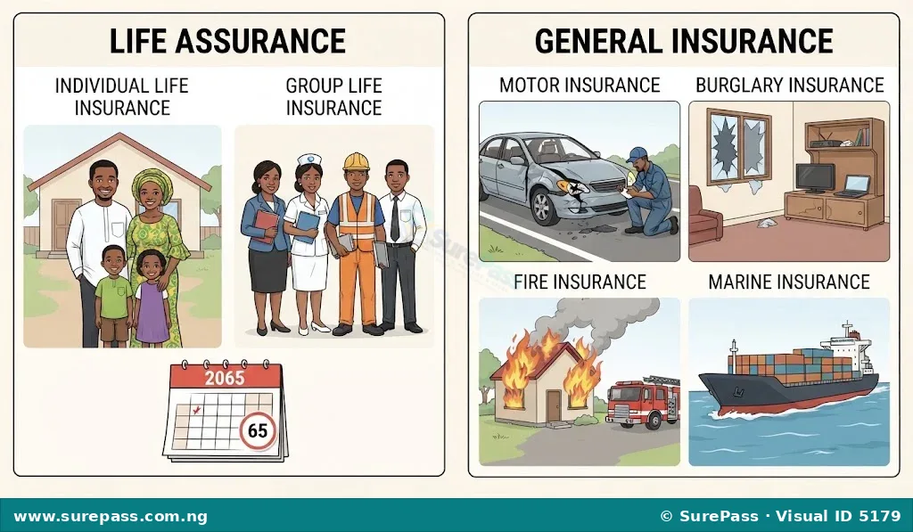 Illustration showing classes of insurance. Life assurance depicts families and groups of workers. General insurance shows a damaged car, a burglarized house, a burning house, and a cargo ship.