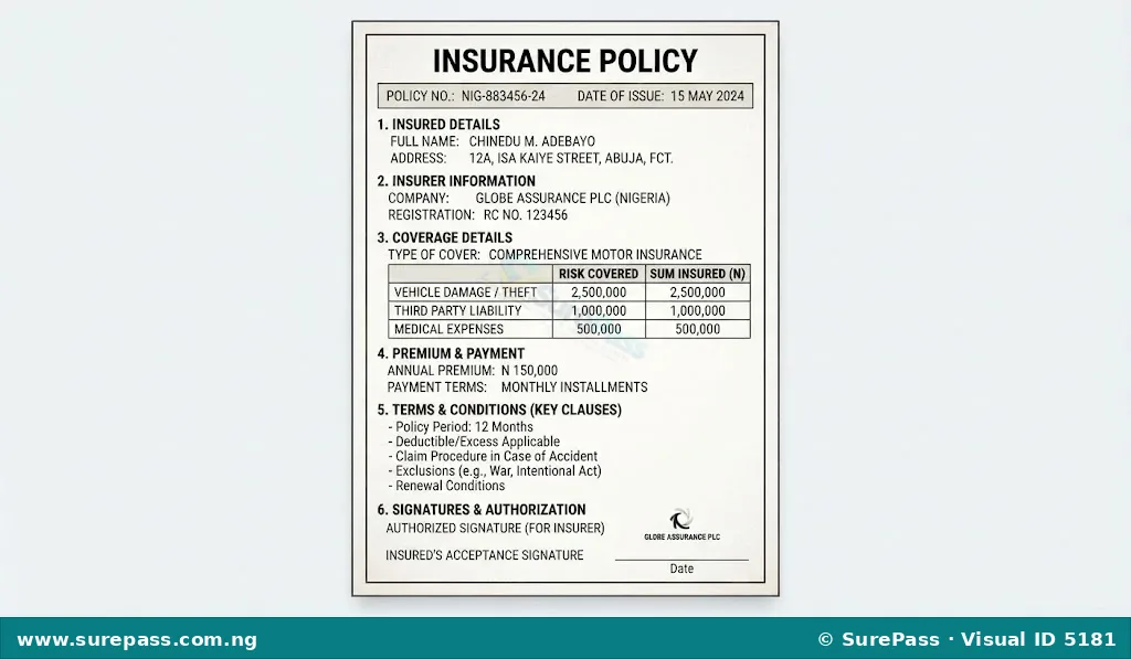 A simplified image of an insurance policy document showing its title and sections for insured name, policy number, and coverage details.