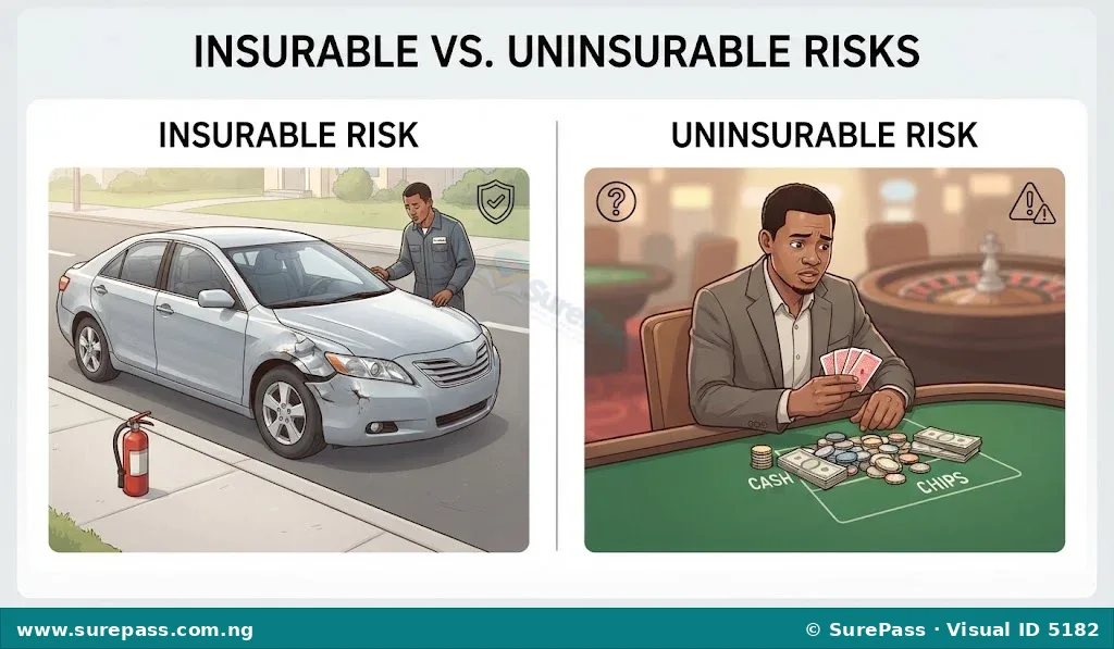 A split image illustrating insurable and uninsurable risks. The left shows a car with minor accident damage, representing an insurable risk. The right shows a person gambling at a casino, representing an uninsurable risk.