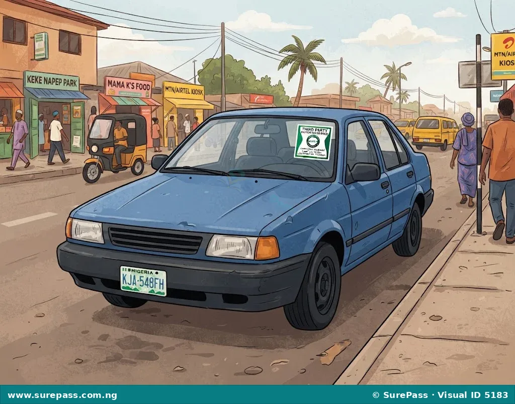 A Nigerian car with a visible "Third Party Insurance" sticker on its windshield, representing compulsory motor insurance.