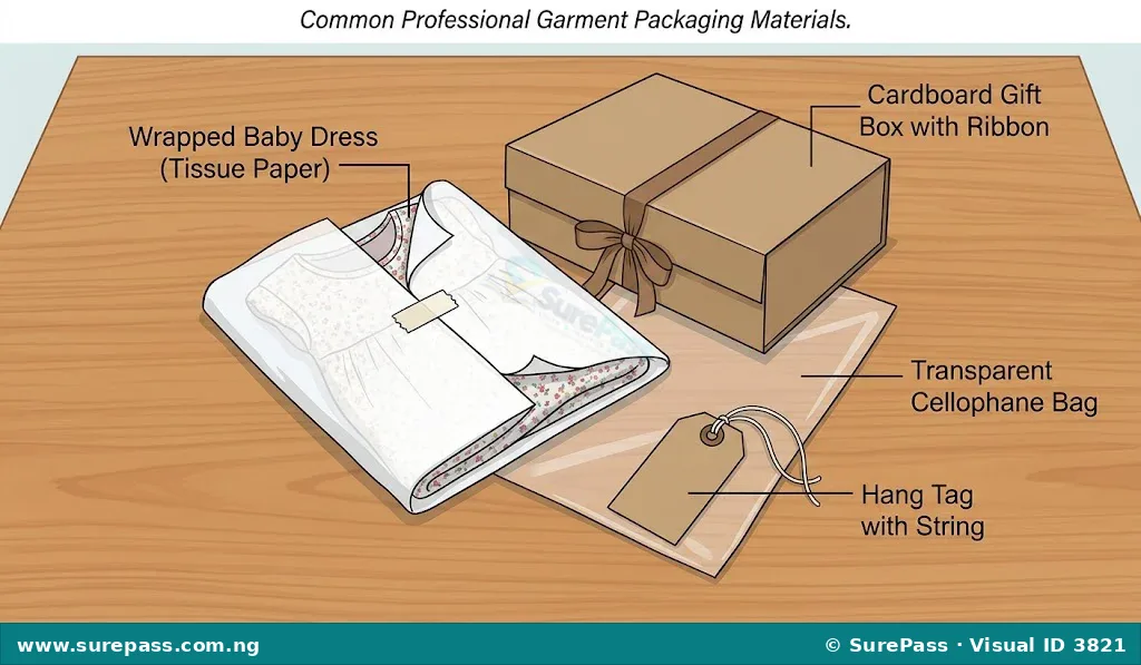 Professional garment packaging materials including tissue paper, a cardboard box, ribbon, and a hang tag.
