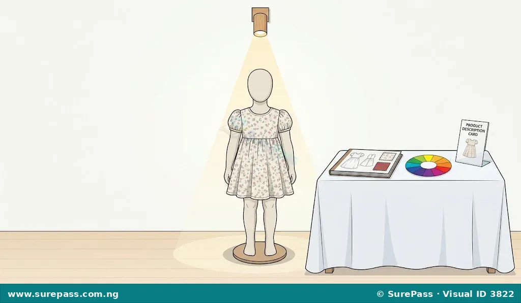 An exhibition display setup featuring a mannequin with a baby dress, a display table with a colour wheel, and a design album.