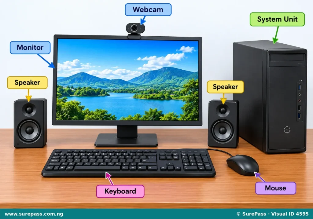 A desktop computer setup showing a monitor, keyboard, mouse, speakers, and webcam, each labelled.