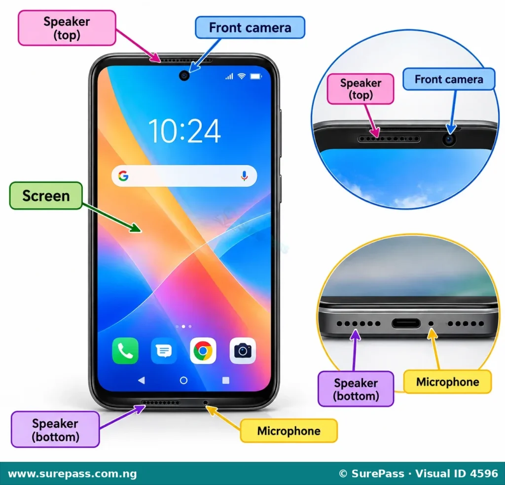A smartphone showing its screen, front camera, microphone, and speakers, each labelled.