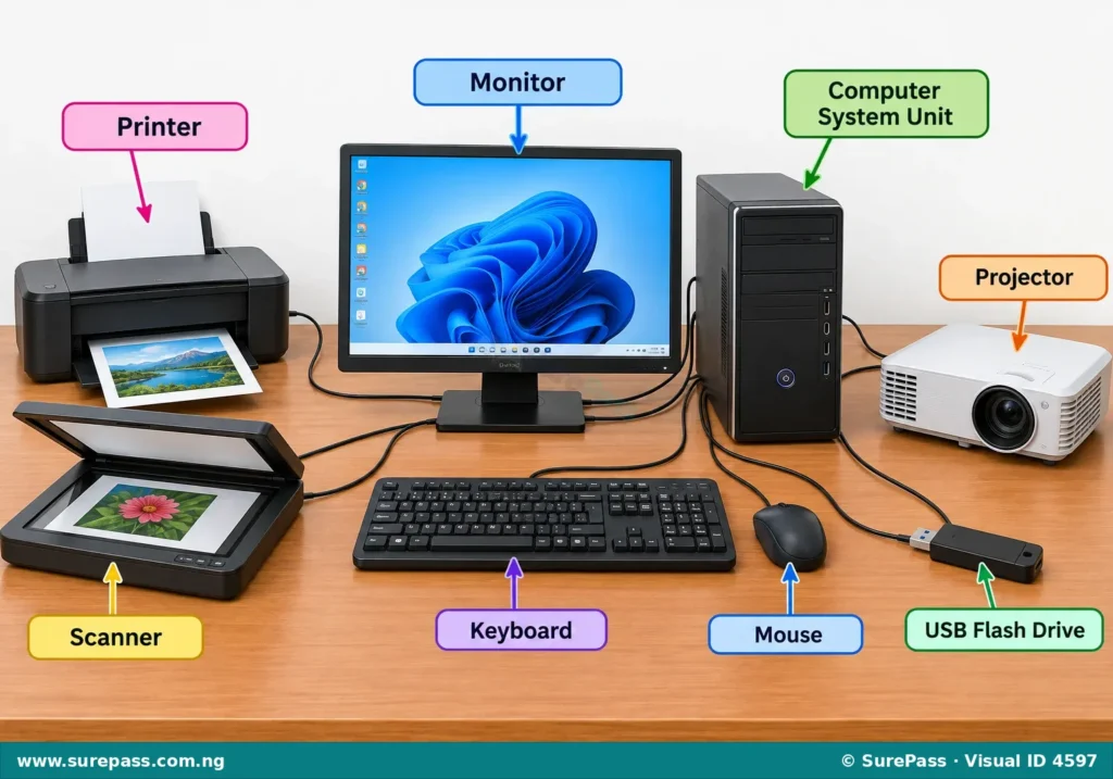 A desktop computer with a monitor, keyboard, mouse, printer, scanner, projector, and USB drive connected.