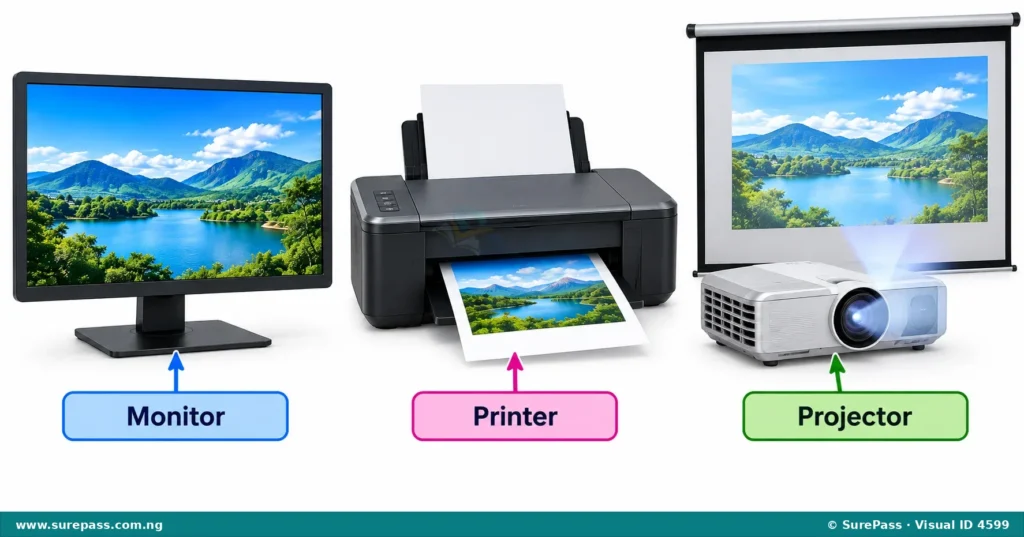 A computer monitor, a printer, and a projector, which are all output devices.