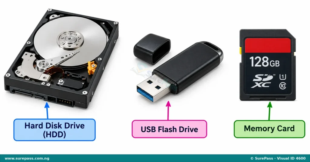 A hard disk drive, a USB flash drive, and a memory card, which are all storage devices.
