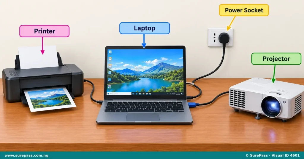 A laptop connected to a printer and a projector with cables.