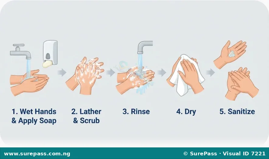 A step-by-step diagram showing wetting hands, lathering soap, rinsing, drying with a towel, and applying hand sanitizer.