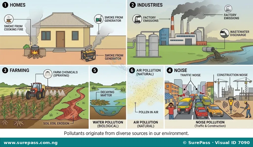 Collage showing sources of pollution: homes (smoke, generator), industries (factory emissions, wastewater), soil (farm chemicals, erosion), noise (traffic, construction), and plants (decaying matter, pollen).