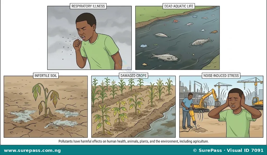 Illustration showing effects of pollution: respiratory illness, dead aquatic life, infertile soil, noise-induced stress, and damaged crops.