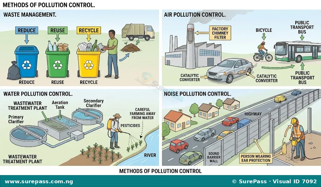 Illustration showing pollution control methods: waste management (reduce, reuse, recycle), air control (filters, public transport), water control (treatment, careful farming), and noise control (barriers, ear protection).