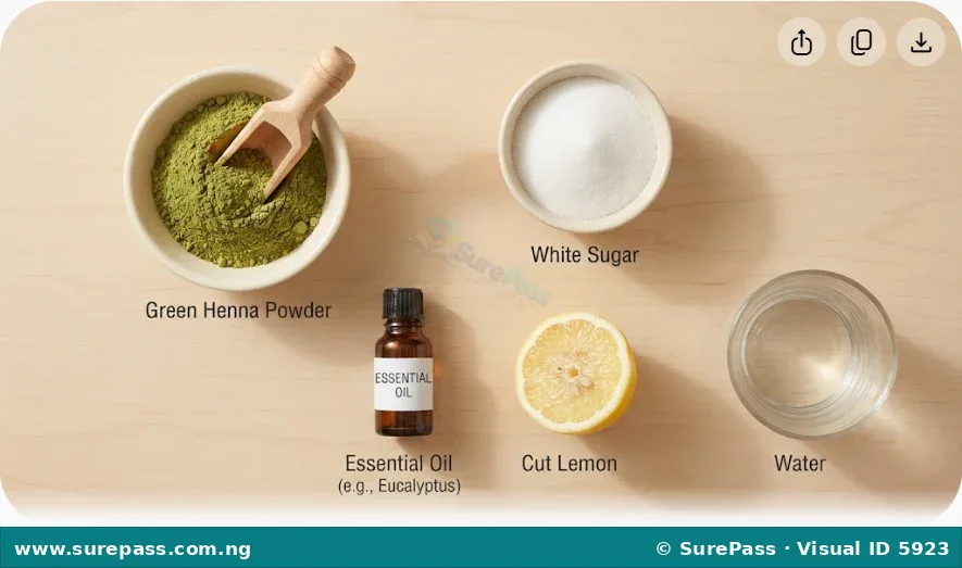 Bowls of henna powder and sugar, a bottle of essential oil, a cut lemon, and a glass of water.