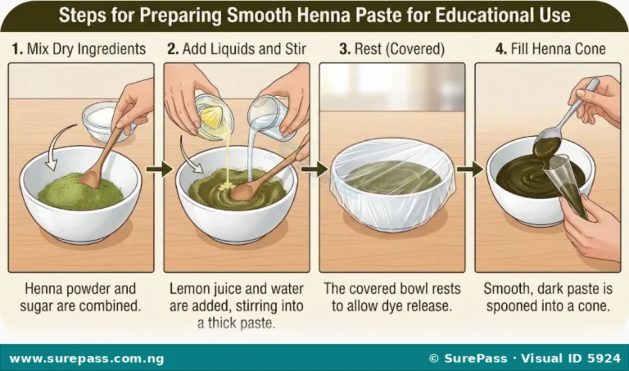Four steps of henna paste preparation - mixing dry ingredients, adding liquids, resting the paste, and filling a cone.