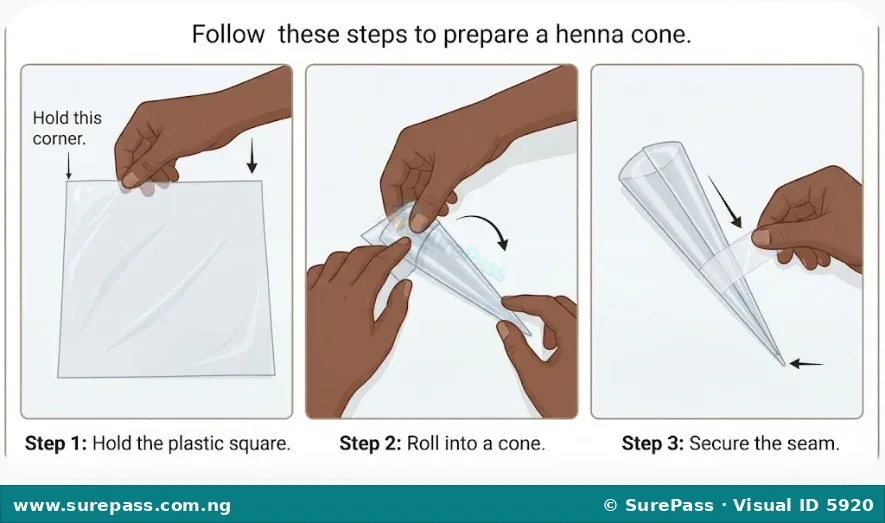 Step-by-step visual guide showing how to cut, roll, and secure a plastic wrap into a henna cone.