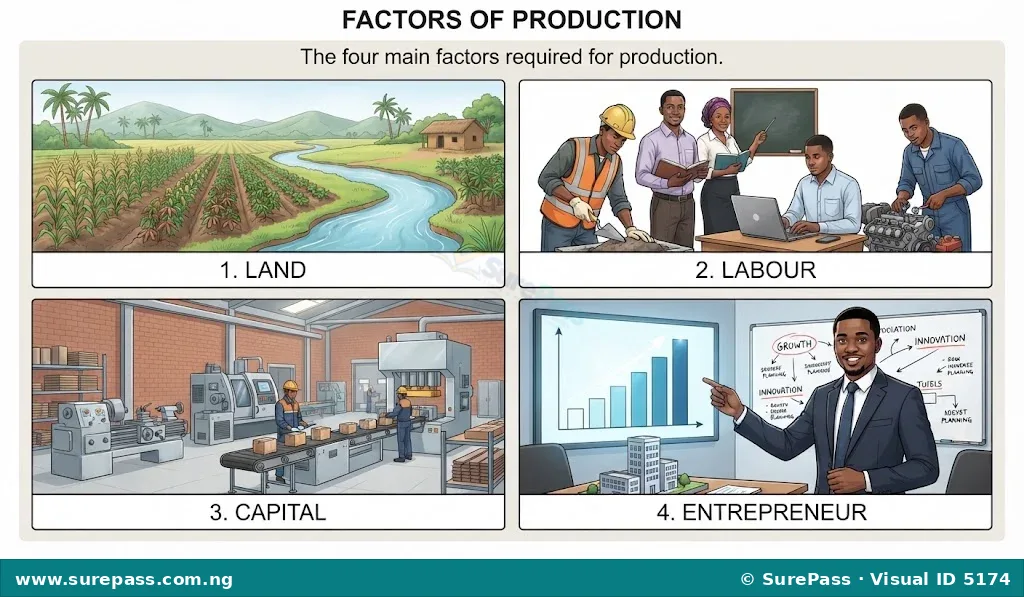 Four illustrations showing factors of production. A farm field for land. Workers for labour. A factory with machines for capital. A business person for entrepreneur.