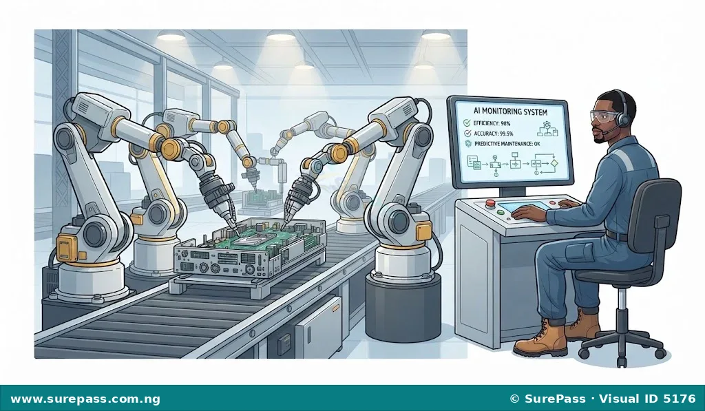 A factory floor with robotic arms assembling products and a human worker monitoring a control panel, illustrating the impact of robots and AI in production.