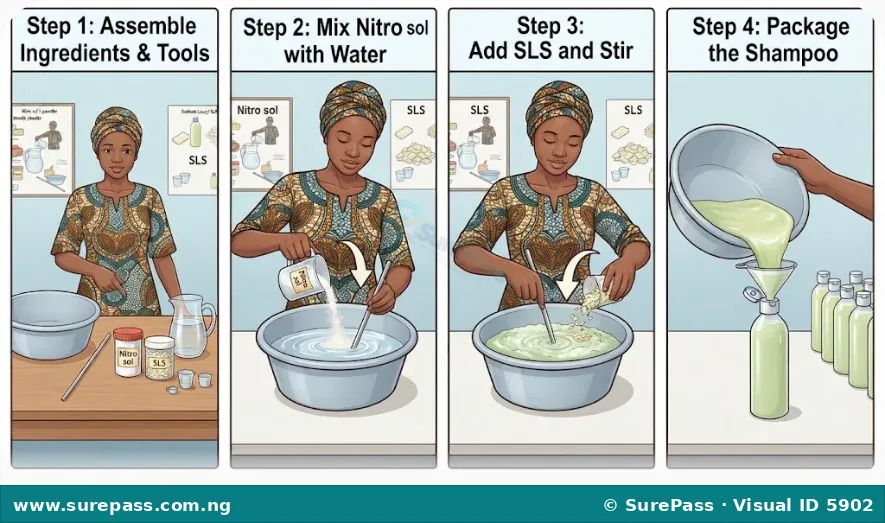 A four-step visual guide showing the process of making shampoo, from assembling ingredients to packaging the final product.