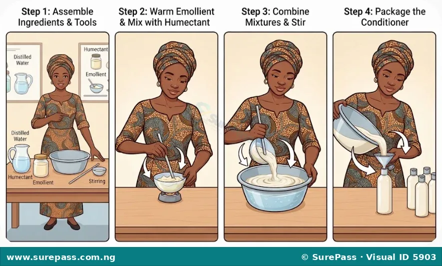 A four-step visual guide showing the process of making conditioner, from assembling ingredients to packaging the final product.