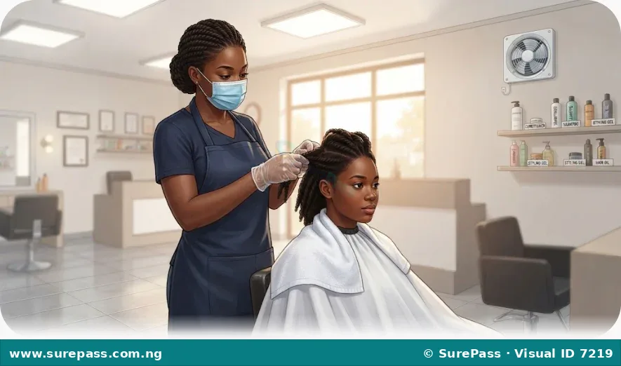 A professional cosmetologist wearing PPE styling a client's hair in a clean, safe salon environment.