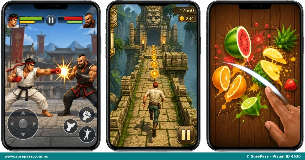 A collage showing screenshots from three mobile games - a combat game, Temple Run, and Fruit Ninja.