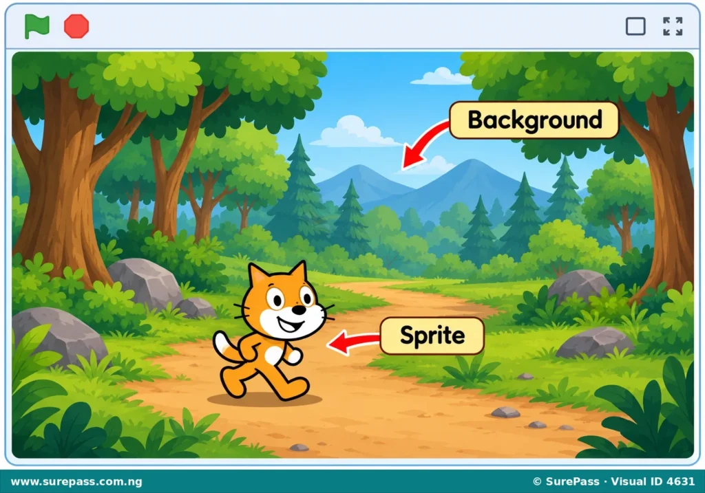 A simple game screen showing a cartoon forest background with a character sprite standing on a path.
