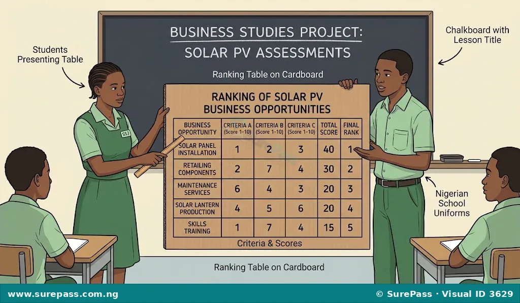 Students presenting a solar business ranking table on cardboard.