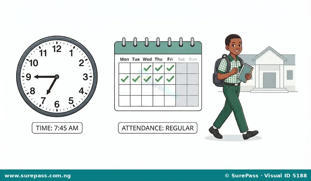 A clock showing 7:45 AM, a calendar with consistent checkmarks, and a student arriving on time, representing punctuality and regularity.