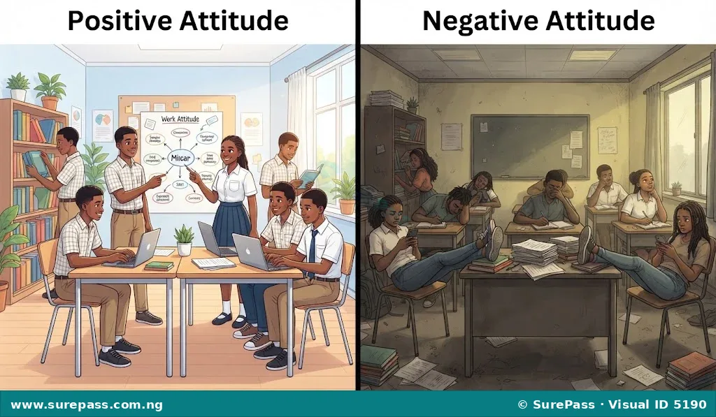 A split image showing positive and negative work attitudes. The left side shows happy, productive people in a clean space. The right side shows unhappy, idle people in a messy space.