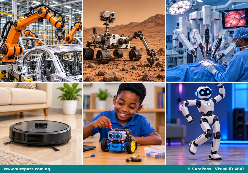 A collage of robots showing their uses in manufacturing, space exploration, healthcare, cleaning, education, and entertainment.