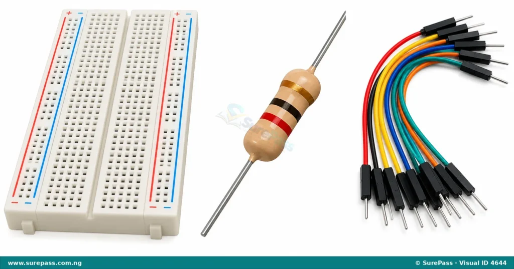 A breadboard, a resistor with colour bands, and several coloured jumper wires.