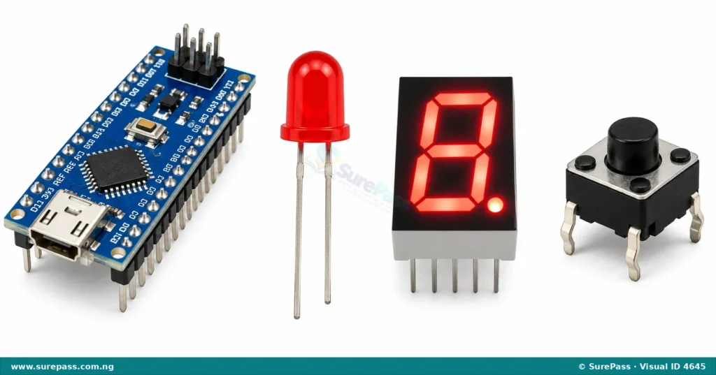 A microcontroller board, a single red LED, a small LED display showing numbers, and a tactile push-button switch.