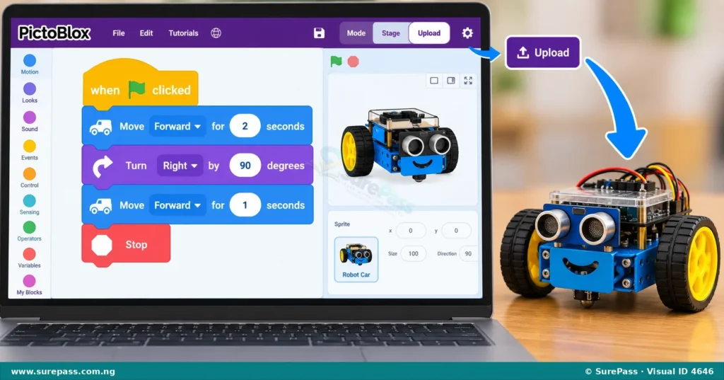A visual programming interface with blocks for "Move Forward", "Turn Right", and "Stop" connected in a sequence, next to a small robot car.