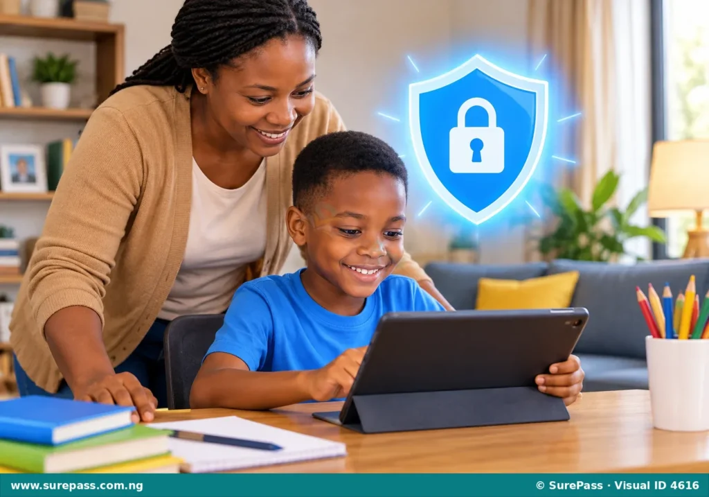 A child using a tablet with an adult nearby, a shield icon above the child's head.