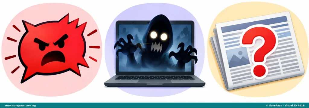 Icons representing upsetting content: an angry speech bubble for hate speech, a shadowy figure for frightening content, and a newspaper with a question mark for fake news.