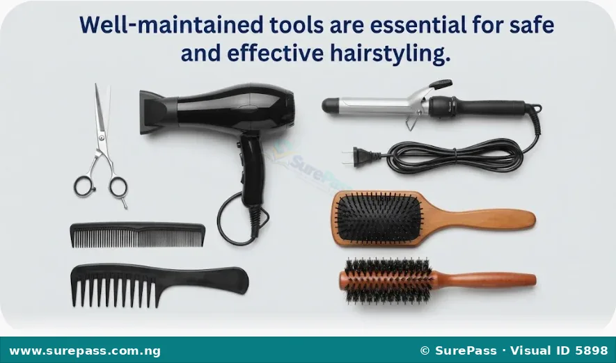 A set of clean, well-maintained hair care tools including scissors, a hair dryer, a curling iron, combs, and brushes.