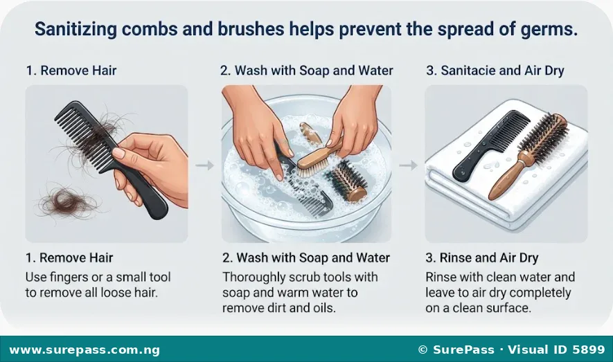 A three-step process showing how to sanitize combs and brushes: first, remove hair; second, wash with soap and water; third, rinse and air dry.