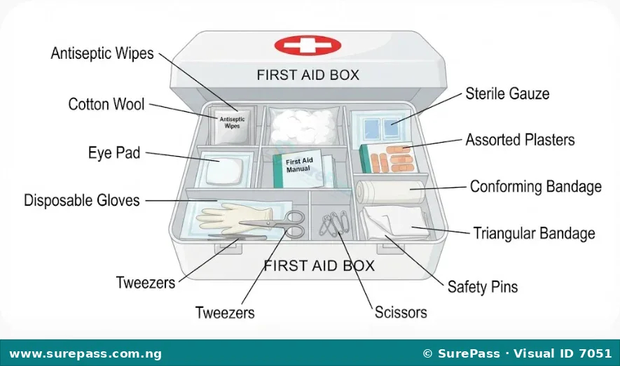An open first aid box with its contents.