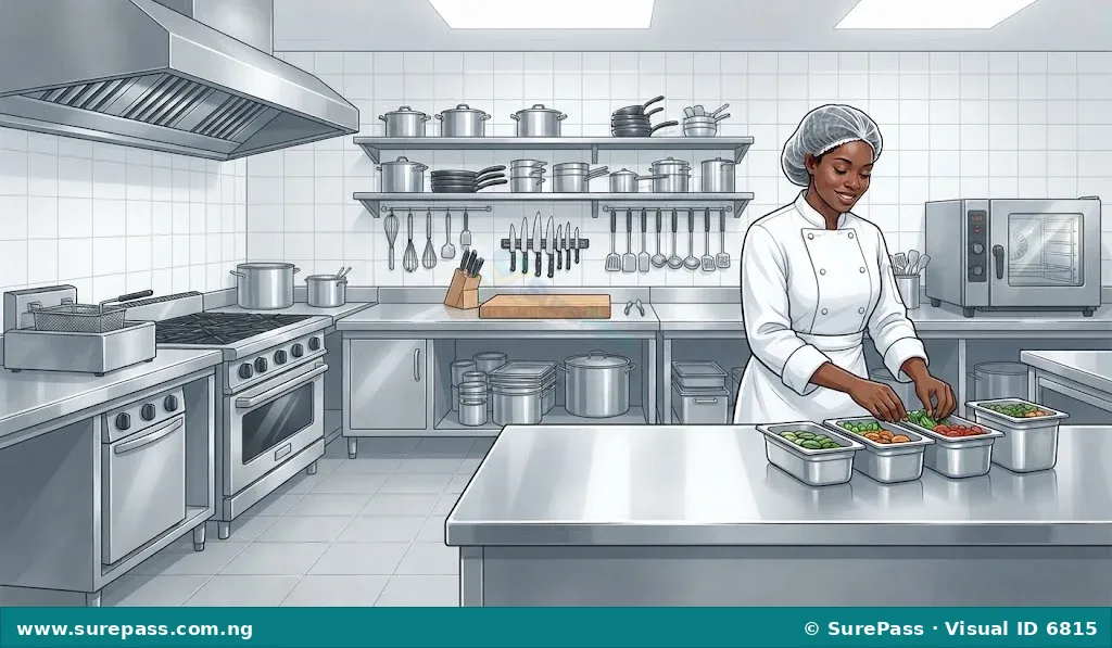 A clean and organised commercial kitchen with stainless steel surfaces, clean floors, and a chef in a uniform, demonstrating good kitchen and personal hygiene.