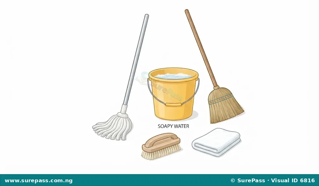 A collection of cleaning tools including a broom, mop, bucket, scrubbing brush, and towel, used for maintaining hygiene in a kitchen.